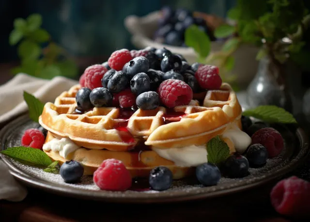 Waffle plate with berries. Illustration AI Generative